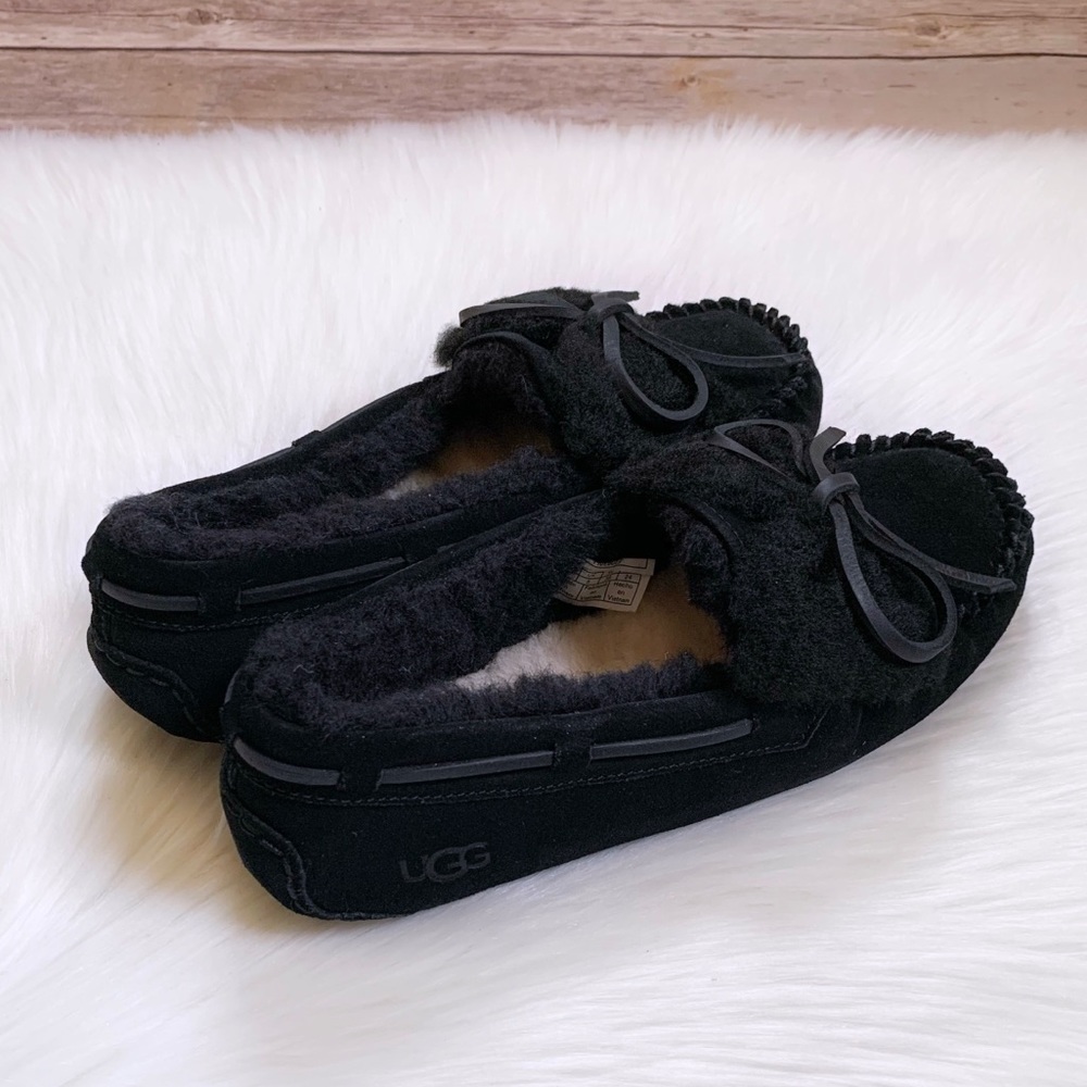 UGG Dakota Double Bow Black Suede Slippers - Picture 2 of 7
